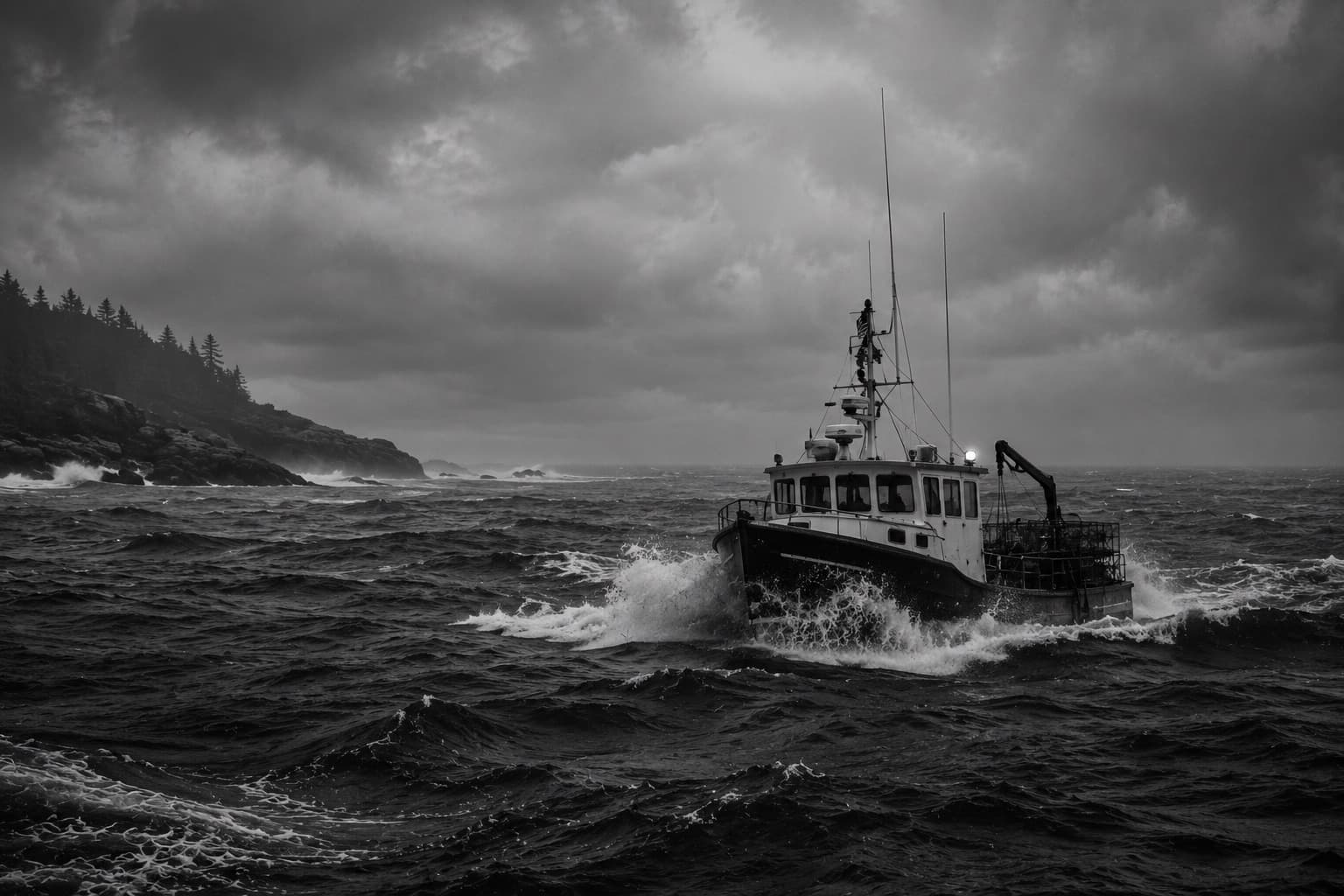Maine lobster boat heading out through rough seas