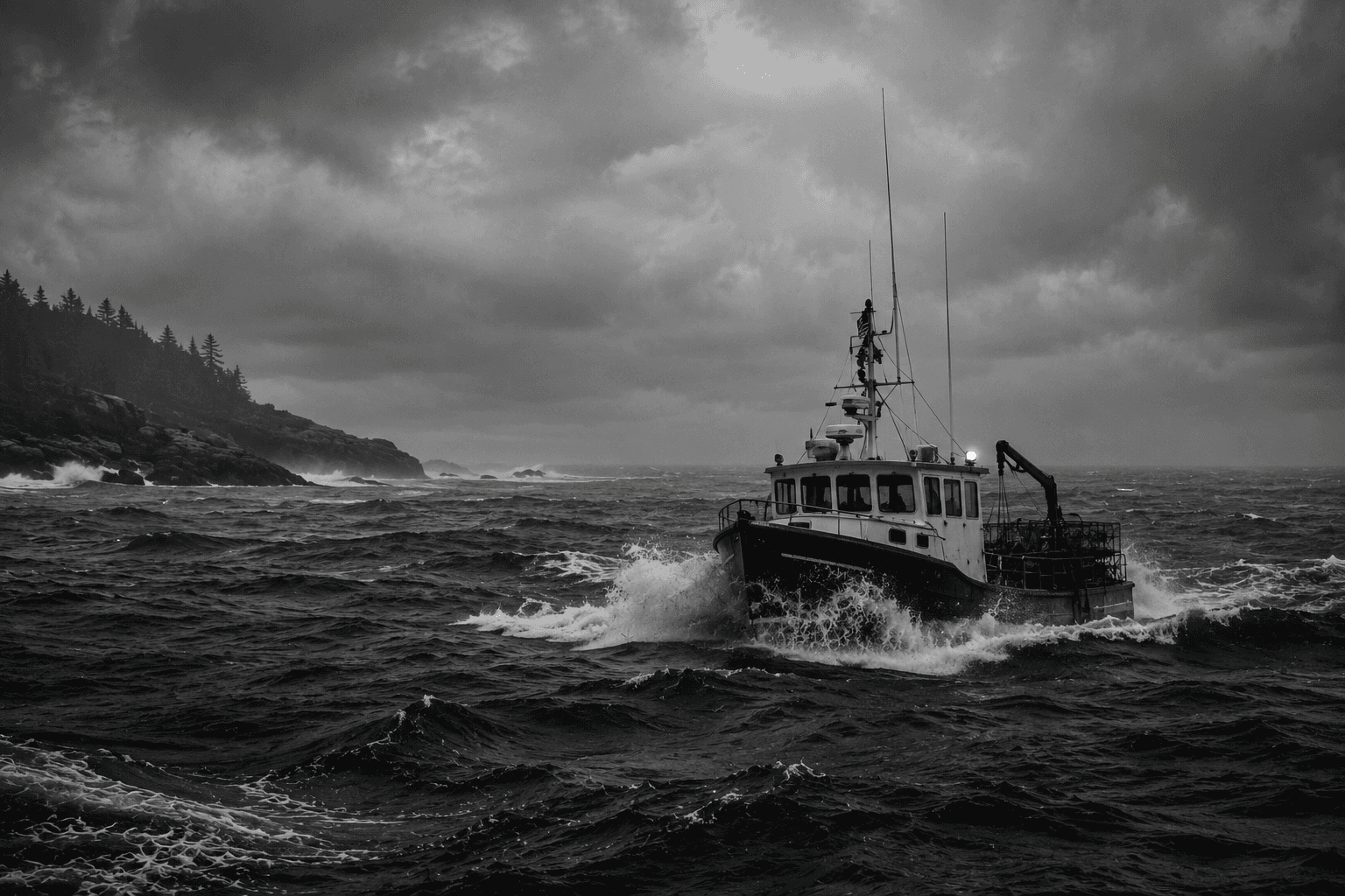 Maine lobster boat heading out through rough seas